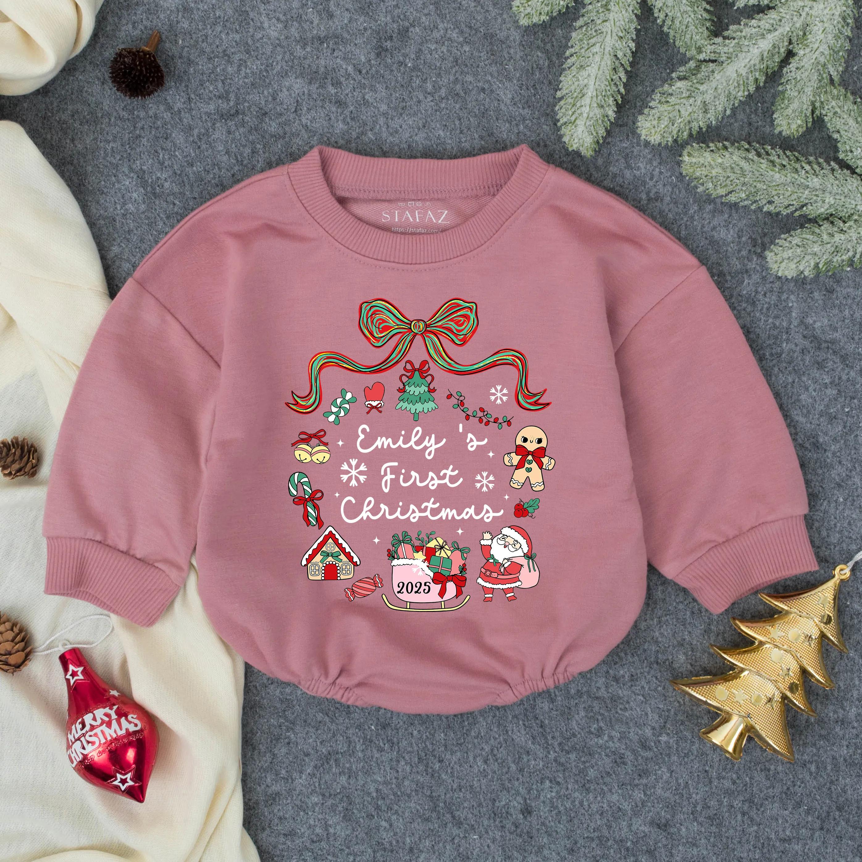 Custom Baby Girl's First Christmas Romper Festive Holiday Outfit with Red Bow and Candy Cane Design Soft Comfortable Winter Pullover