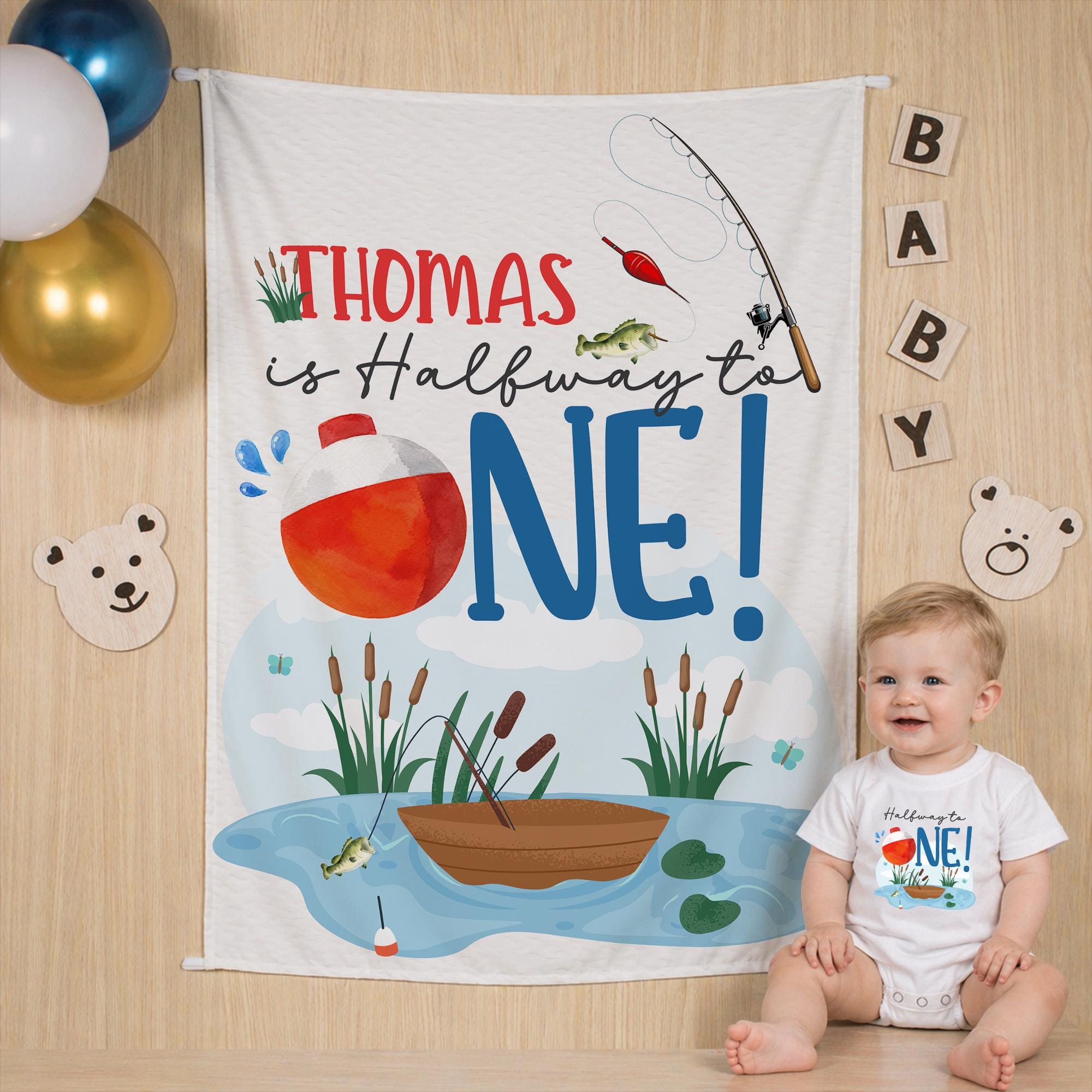 Custom Baby Halfway to One Fishing Romper with Boat and Bobber Graphic, Soft Cotton 6 Month Birthday Outfit for Boys or Girls Party Gift