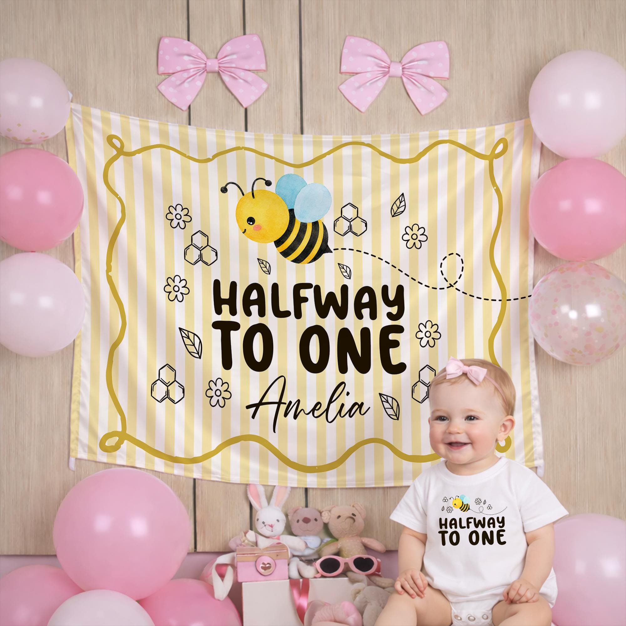 Custom Baby Halfway to One Silk Banner with Smiling Bumblebee and Daisy Design, 6 Month Half Birthday Party Decor or Baby Photo Prop