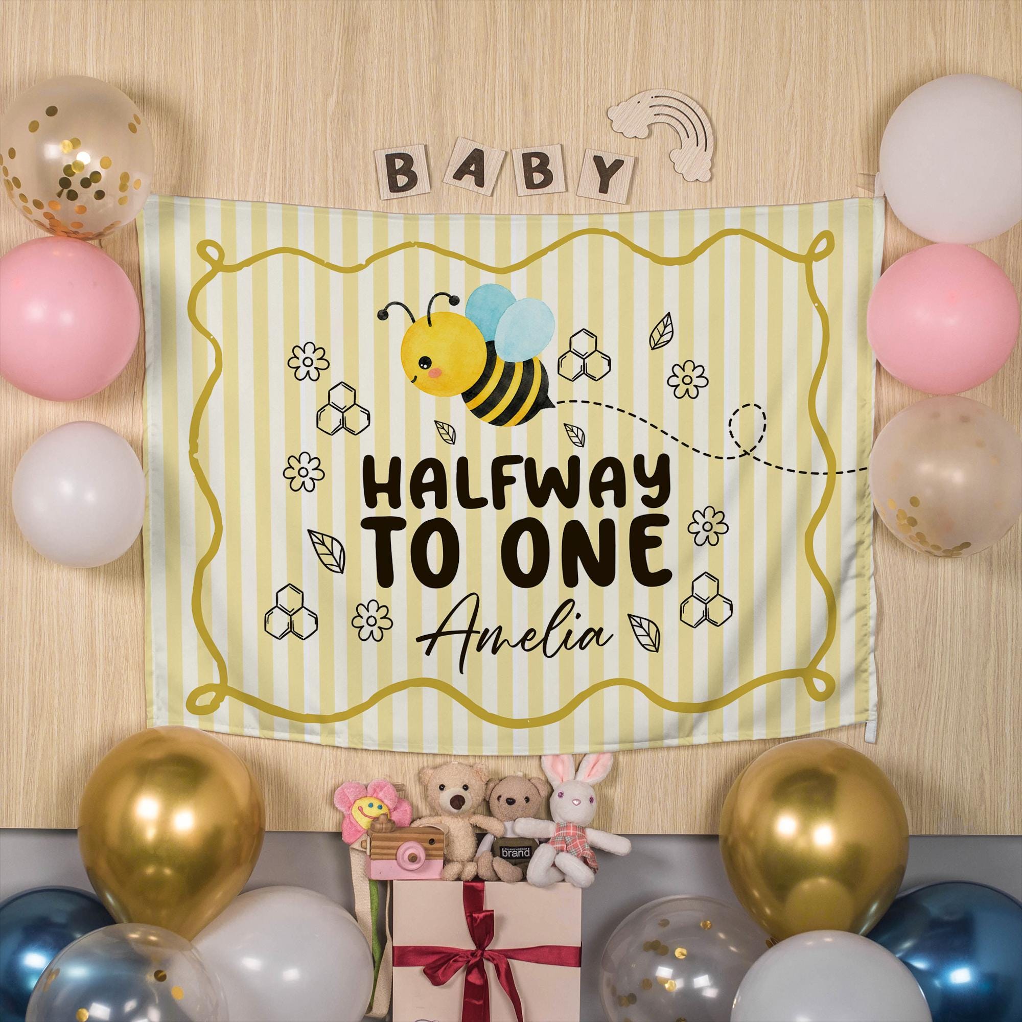 Custom Baby Halfway to One Silk Banner with Smiling Bumblebee and Daisy Design, 6 Month Half Birthday Party Decor or Baby Photo Prop