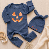 Custom Baby Halloween Bodysuit and Hat Set, Pumpkin Face Artwork, Soft Ribbed Cotton, Personalized Newborn Outfit for Fall Milestones