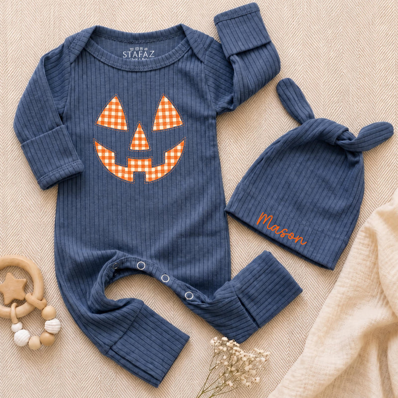 Custom Baby Halloween Bodysuit and Hat Set, Pumpkin Face Artwork, Soft Ribbed Cotton, Personalized Newborn Outfit for Fall Milestones