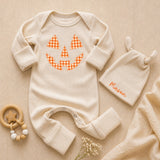 Custom Baby Halloween Bodysuit and Hat Set, Pumpkin Face Artwork, Soft Ribbed Cotton, Personalized Newborn Outfit for Fall Milestones