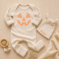 Custom Baby Halloween Bodysuit and Hat Set, Pumpkin Face Artwork, Soft Ribbed Cotton, Personalized Newborn Outfit for Fall Milestones