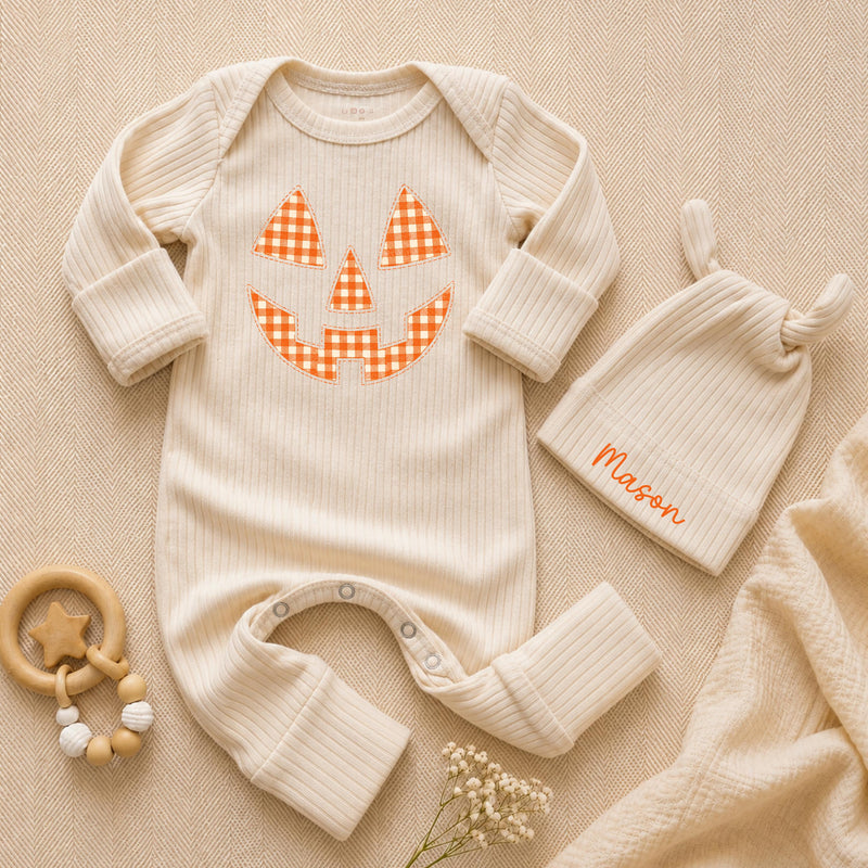 Custom Baby Halloween Bodysuit and Hat Set, Pumpkin Face Artwork, Soft Ribbed Cotton, Personalized Newborn Outfit for Fall Milestones
