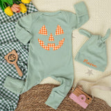 Custom Baby Halloween Bodysuit and Hat Set, Pumpkin Face Artwork, Soft Ribbed Cotton, Personalized Newborn Outfit for Fall Milestones