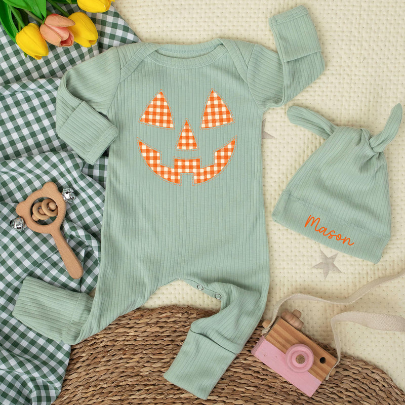 Custom Baby Halloween Bodysuit and Hat Set, Pumpkin Face Artwork, Soft Ribbed Cotton, Personalized Newborn Outfit for Fall Milestones