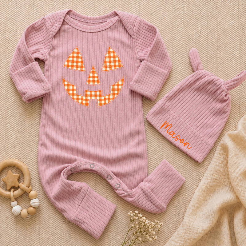 Custom Baby Halloween Bodysuit and Hat Set, Pumpkin Face Artwork, Soft Ribbed Cotton, Personalized Newborn Outfit for Fall Milestones