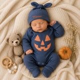 Custom Baby Halloween Bodysuit and Hat Set, Pumpkin Face Artwork, Soft Ribbed Cotton, Personalized Newborn Outfit for Fall Milestones