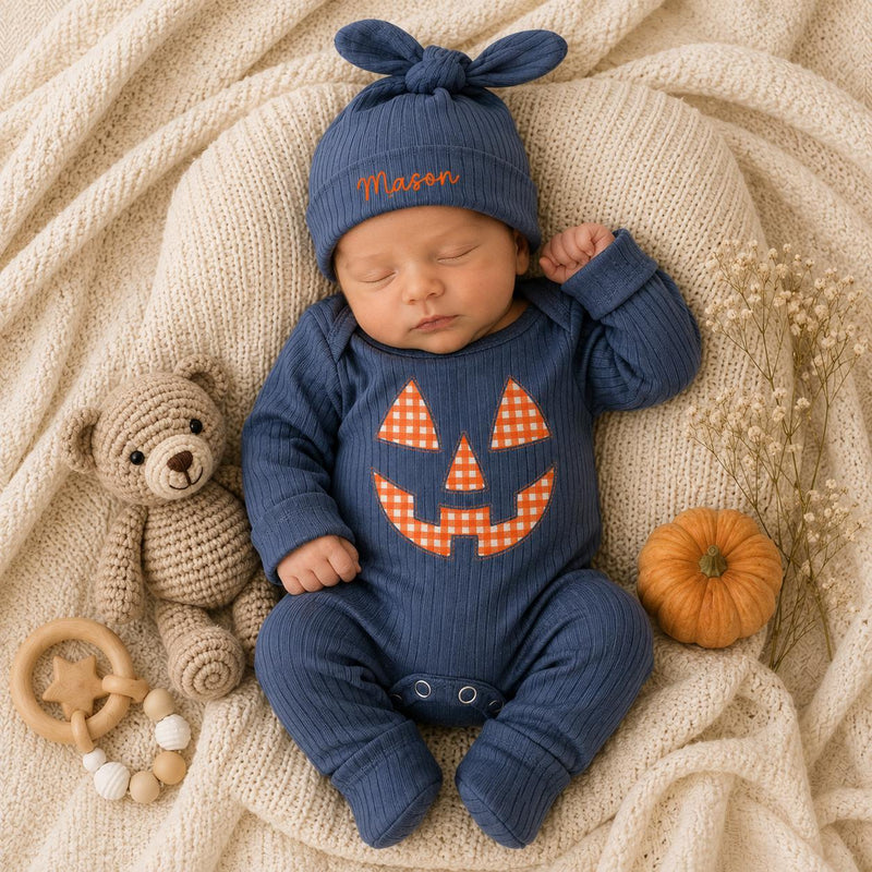 Custom Baby Halloween Bodysuit and Hat Set, Pumpkin Face Artwork, Soft Ribbed Cotton, Personalized Newborn Outfit for Fall Milestones
