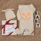 Custom Baby Halloween Bodysuit and Hat Set, Pumpkin Face Artwork, Soft Ribbed Cotton, Personalized Newborn Outfit for Fall Milestones