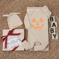 Custom Baby Halloween Bodysuit and Hat Set, Pumpkin Face Artwork, Soft Ribbed Cotton, Personalized Newborn Outfit for Fall Milestones