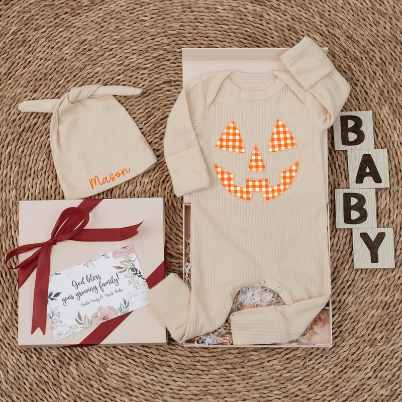 Custom Baby Halloween Bodysuit and Hat Set, Pumpkin Face Artwork, Soft Ribbed Cotton, Personalized Newborn Outfit for Fall Milestones