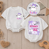 Custom Baby Halloween Romper with Cute Ghost Design, Purple Bow & Spooky Web, Soft Cotton Outfit for First Birthday or Cake Smash