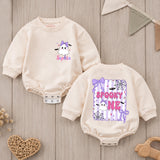 Custom Baby Halloween Romper with Cute Ghost Design, Purple Bow & Spooky Web, Soft Cotton Outfit for First Birthday or Cake Smash