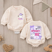 Custom Baby Halloween Romper with Cute Ghost Design, Purple Bow & Spooky Web, Soft Cotton Outfit for First Birthday or Cake Smash