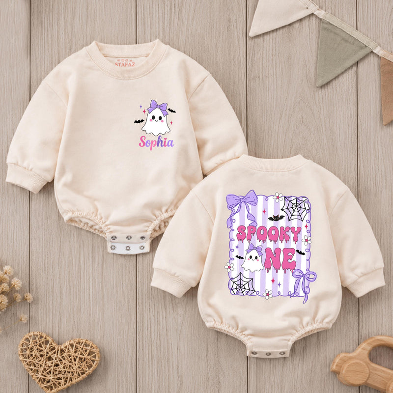 Custom Baby Halloween Romper with Cute Ghost Design, Purple Bow & Spooky Web, Soft Cotton Outfit for First Birthday or Cake Smash