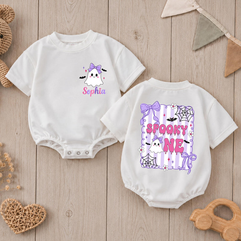 Custom Baby Halloween Romper with Cute Ghost Design, Purple Bow & Spooky Web, Soft Cotton Outfit for First Birthday or Cake Smash