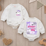 Custom Baby Halloween Romper with Cute Ghost Design, Purple Bow & Spooky Web, Soft Cotton Outfit for First Birthday or Cake Smash