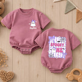 Custom Baby Halloween Romper with Cute Ghost Design, Purple Bow & Spooky Web, Soft Cotton Outfit for First Birthday or Cake Smash
