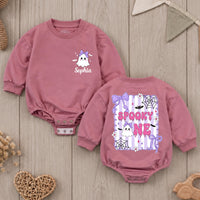 Custom Baby Halloween Romper with Cute Ghost Design, Purple Bow & Spooky Web, Soft Cotton Outfit for First Birthday or Cake Smash
