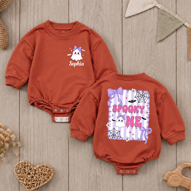 Custom Baby Halloween Romper with Cute Ghost Design, Purple Bow & Spooky Web, Soft Cotton Outfit for First Birthday or Cake Smash