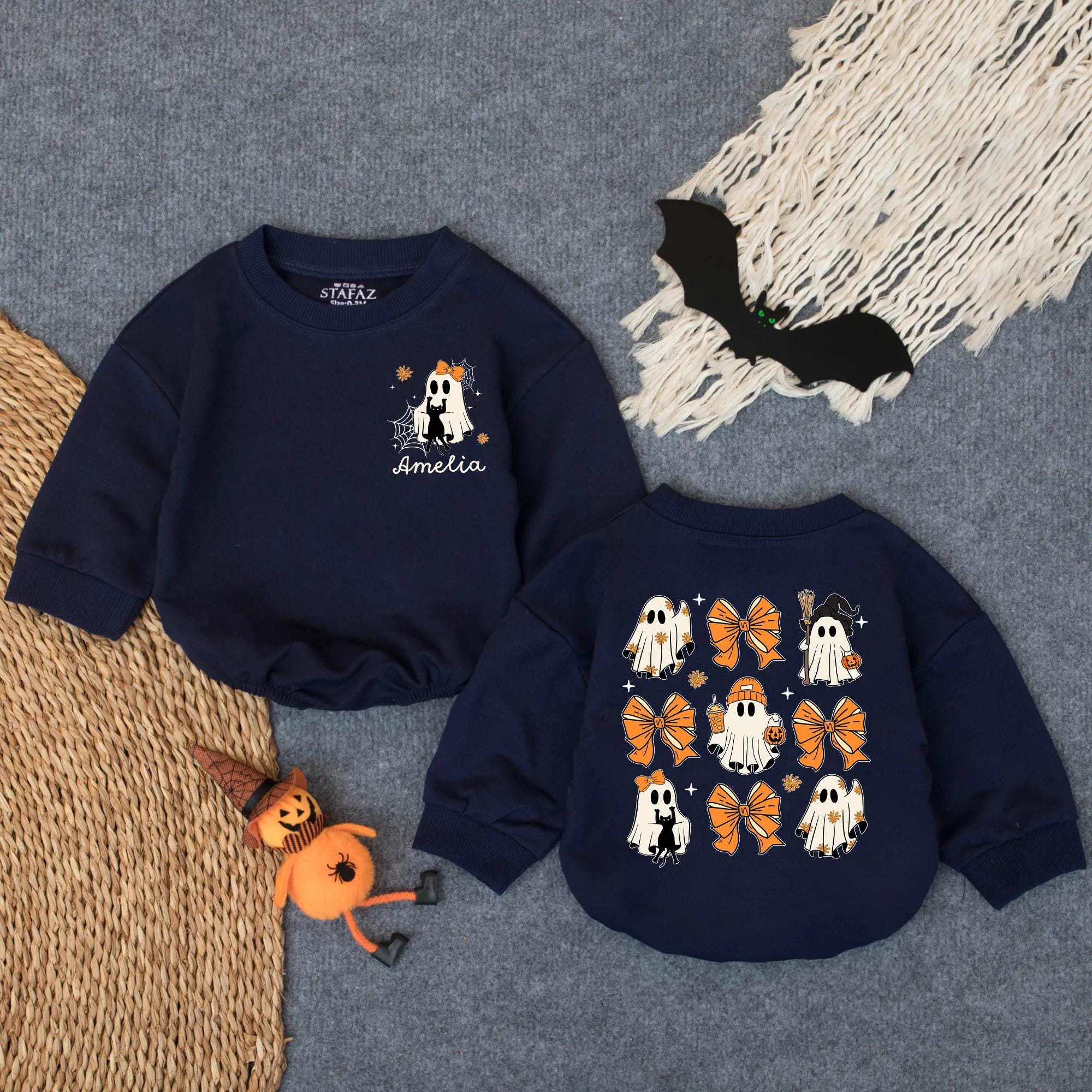 Custom Baby Halloween Romper with Ghosts Witch Hats Pumpkin Personalized Infant Outfit Soft Cotton Spooky Season First Holiday Gift