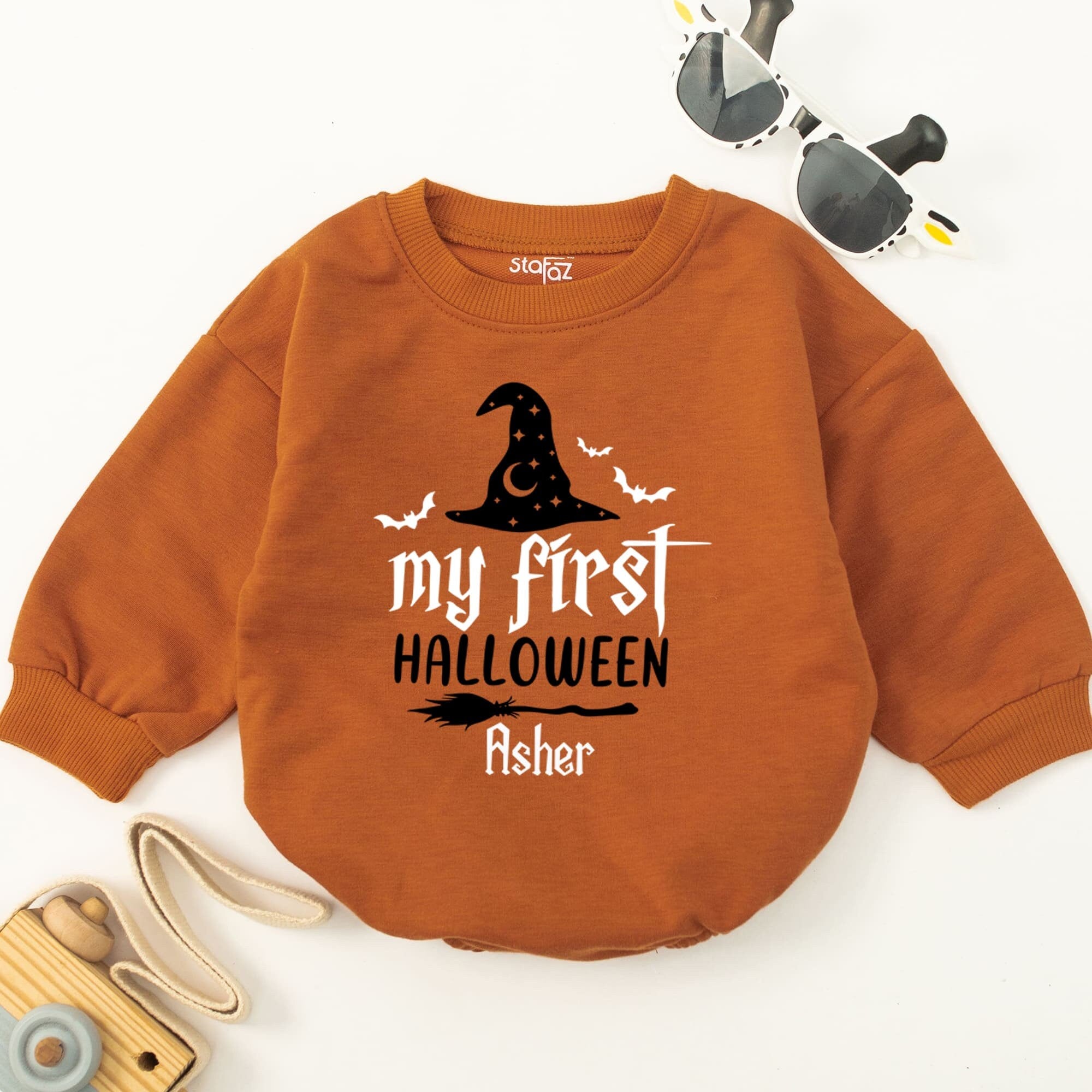 Custom Baby Halloween Romper with Witch Hat Baby's First Halloween Bodysuit Personalized Name Fall Outfit Soft Cotton Newborn Gift