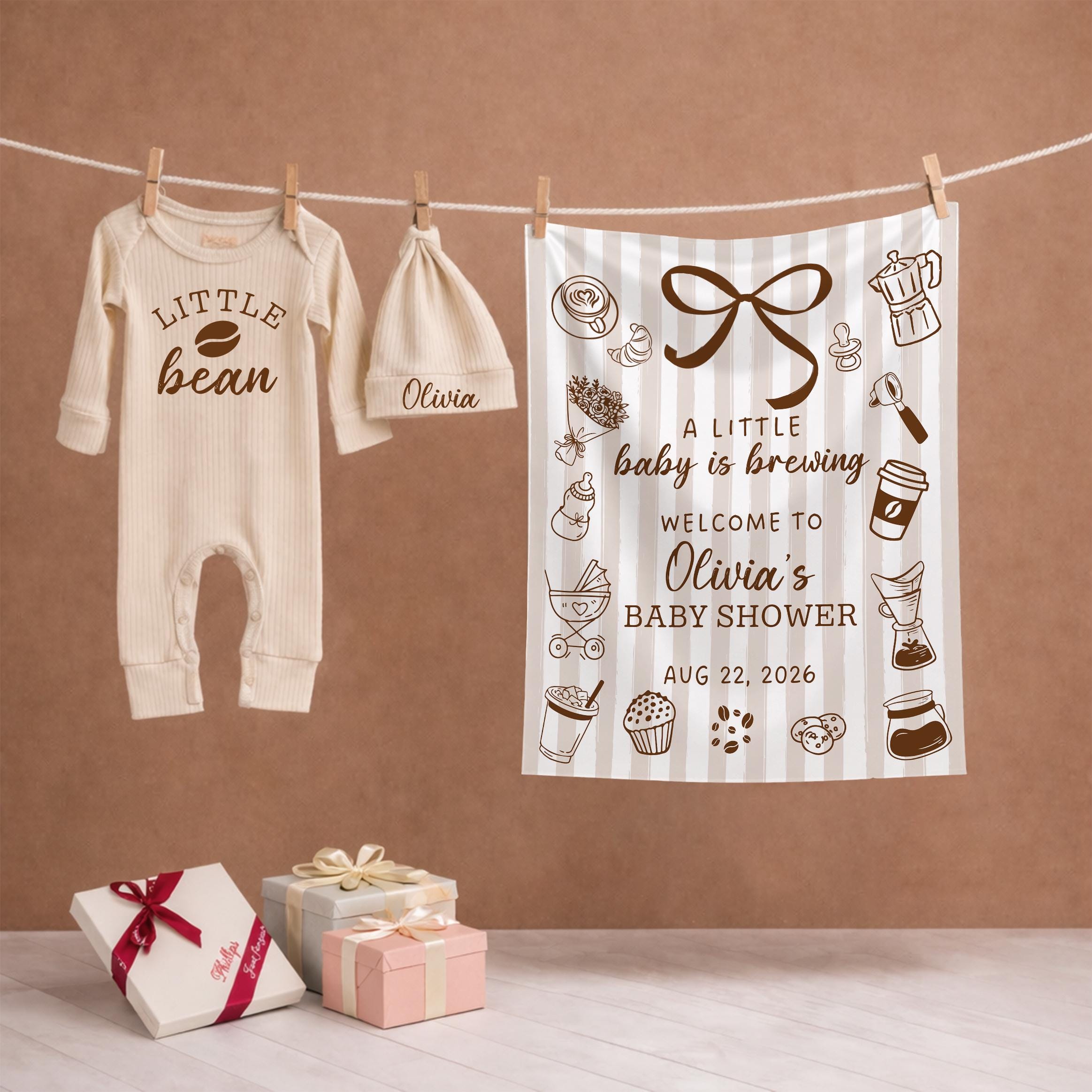 Custom Baby Little Bean Bodysuit and Silk Banner Set Coffee Theme Shower Decor Personalized Name Party Outfit Gift Idea
