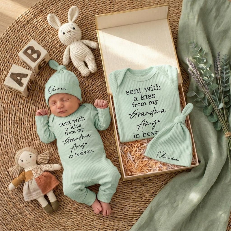 Custom Baby Long Sleeve Romper with 'Sent With a Kiss From My Grandma in Heaven' Quote, Mint Green, Soft Cotton, Perfect for Baby Shower Gift
