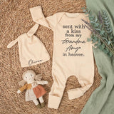 Custom Baby Long Sleeve Romper with 'Sent With a Kiss From My Grandma in Heaven' Quote, Mint Green, Soft Cotton, Perfect for Baby Shower Gift