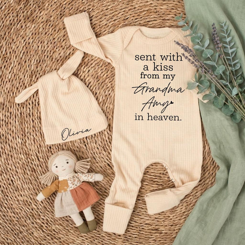 Custom Baby Long Sleeve Romper with 'Sent With a Kiss From My Grandma in Heaven' Quote, Mint Green, Soft Cotton, Perfect for Baby Shower Gift