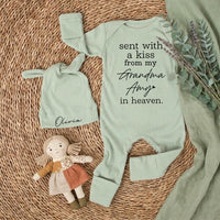 Custom Baby Long Sleeve Romper with 'Sent With a Kiss From My Grandma in Heaven' Quote, Mint Green, Soft Cotton, Perfect for Baby Shower Gift