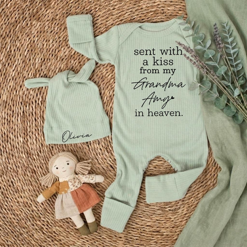 Custom Baby Long Sleeve Romper with 'Sent With a Kiss From My Grandma in Heaven' Quote, Mint Green, Soft Cotton, Perfect for Baby Shower Gift
