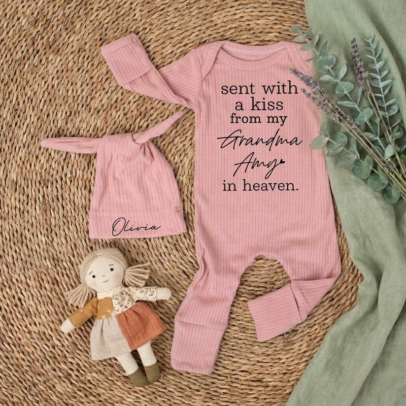 Custom Baby Long Sleeve Romper with 'Sent With a Kiss From My Grandma in Heaven' Quote, Mint Green, Soft Cotton, Perfect for Baby Shower Gift