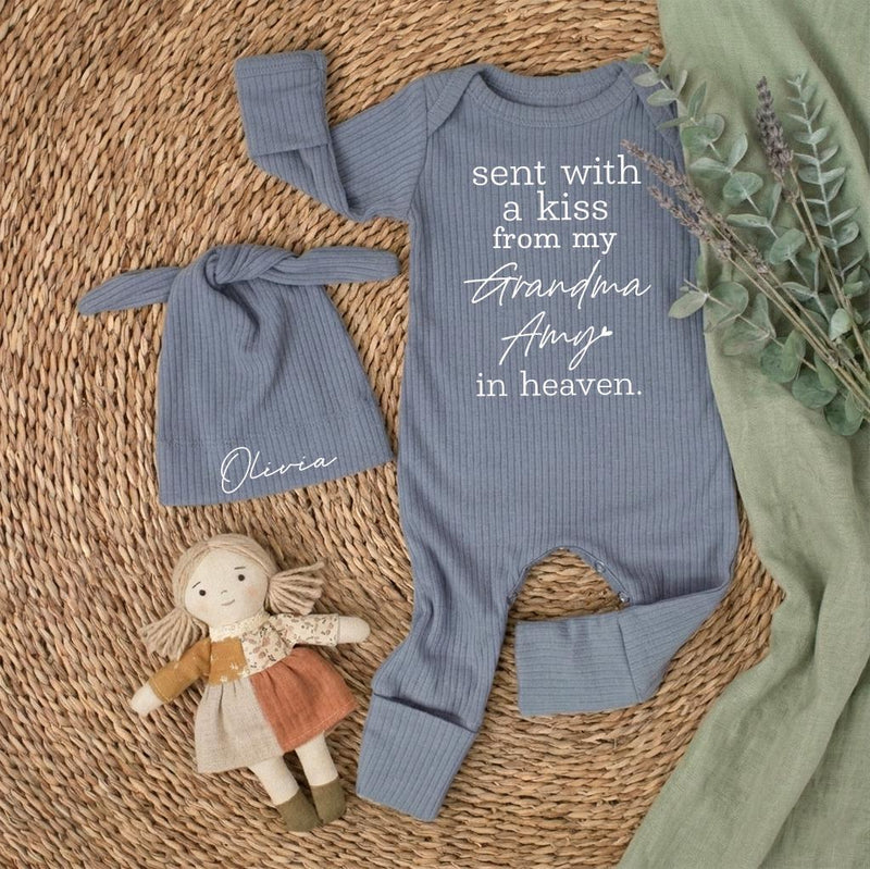 Custom Baby Long Sleeve Romper with 'Sent With a Kiss From My Grandma in Heaven' Quote, Mint Green, Soft Cotton, Perfect for Baby Shower Gift