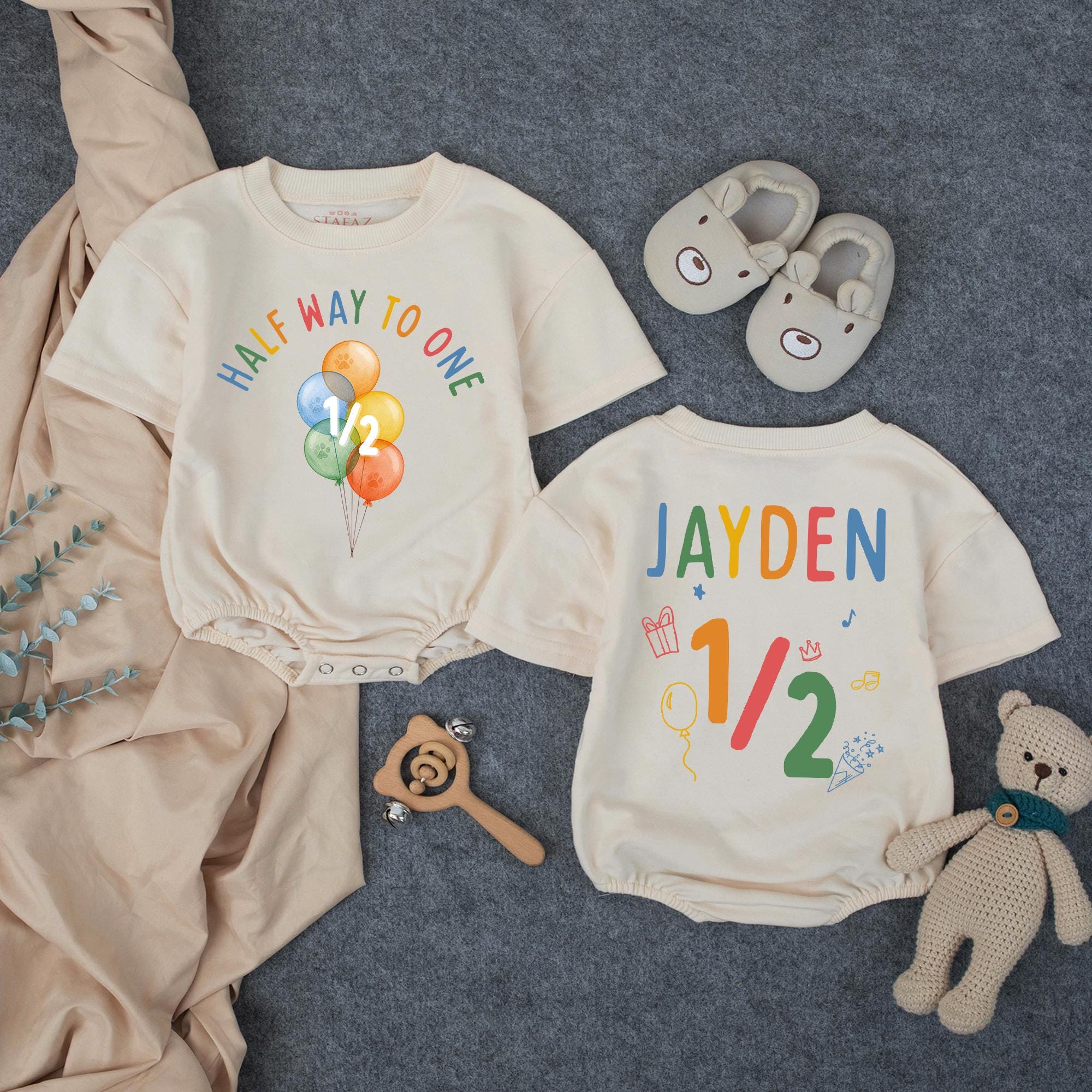 Custom Baby 6 Month Birthday Romper with Rainbow Balloon Artwork, Half Way to One Quote, Soft Cotton, Cake Smash Outfit, Long/Short Sleeve