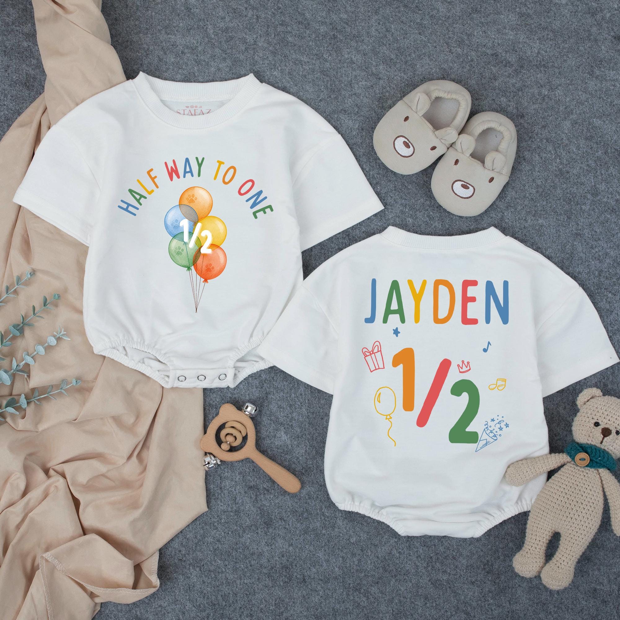 Custom Baby 6 Month Birthday Romper with Rainbow Balloon Artwork, Half Way to One Quote, Soft Cotton, Cake Smash Outfit, Long/Short Sleeve