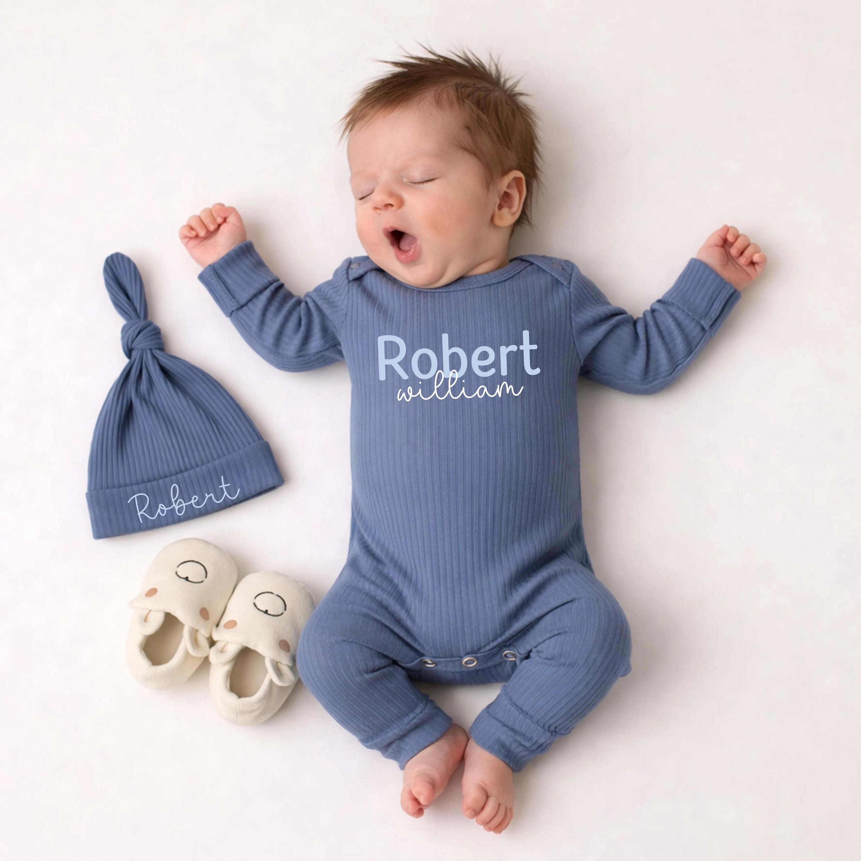 Custom Baby Name Bodysuit and Hat Set in Soft Blue Ribbed Cotton, Perfect Newborn Coming Home Outfit or Baby Shower Gift for Boys