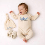 Custom Baby Name Bodysuit and Hat Set in Soft Blue Ribbed Cotton, Perfect Newborn Coming Home Outfit or Baby Shower Gift for Boys