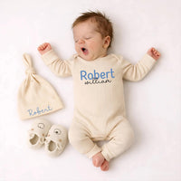 Custom Baby Name Bodysuit and Hat Set in Soft Blue Ribbed Cotton, Perfect Newborn Coming Home Outfit or Baby Shower Gift for Boys