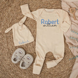 Custom Baby Name Bodysuit and Hat Set in Soft Blue Ribbed Cotton, Perfect Newborn Coming Home Outfit or Baby Shower Gift for Boys
