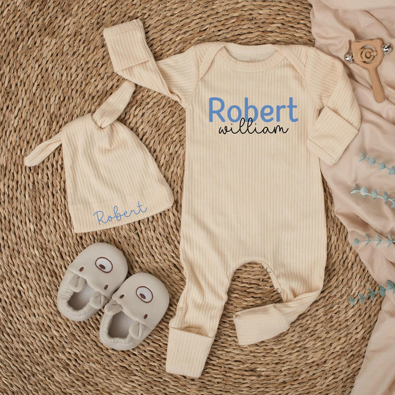 Custom Baby Name Bodysuit and Hat Set in Soft Blue Ribbed Cotton, Perfect Newborn Coming Home Outfit or Baby Shower Gift for Boys