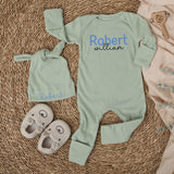Custom Baby Name Bodysuit and Hat Set in Soft Blue Ribbed Cotton, Perfect Newborn Coming Home Outfit or Baby Shower Gift for Boys
