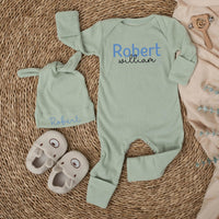 Custom Baby Name Bodysuit and Hat Set in Soft Blue Ribbed Cotton, Perfect Newborn Coming Home Outfit or Baby Shower Gift for Boys