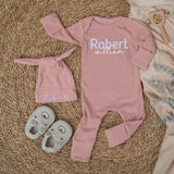 Custom Baby Name Bodysuit and Hat Set in Soft Blue Ribbed Cotton, Perfect Newborn Coming Home Outfit or Baby Shower Gift for Boys
