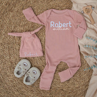 Custom Baby Name Bodysuit and Hat Set in Soft Blue Ribbed Cotton, Perfect Newborn Coming Home Outfit or Baby Shower Gift for Boys