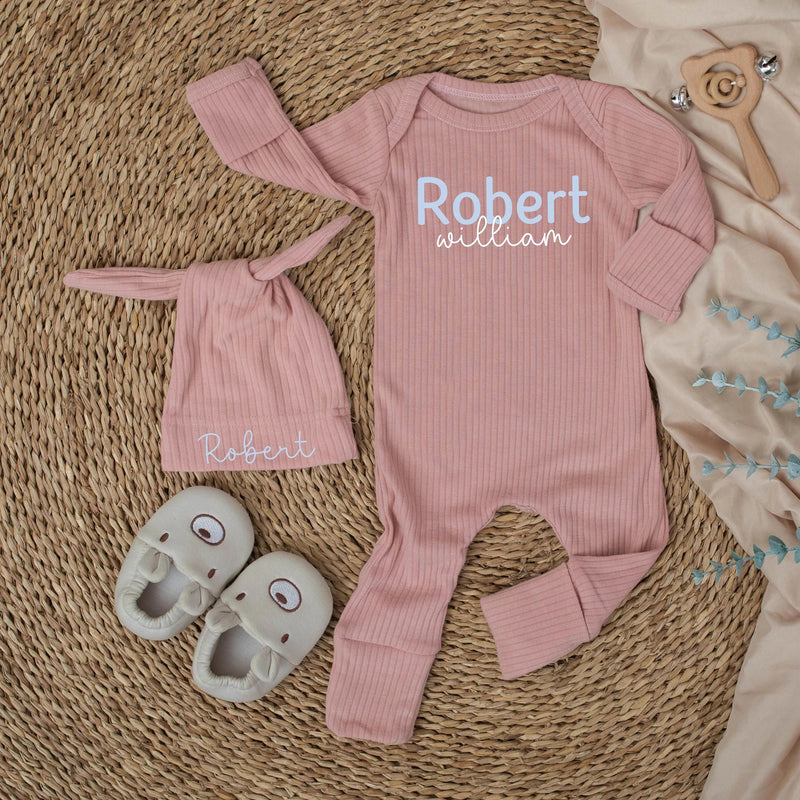 Custom Baby Name Bodysuit and Hat Set in Soft Blue Ribbed Cotton, Perfect Newborn Coming Home Outfit or Baby Shower Gift for Boys
