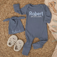Custom Baby Name Bodysuit and Hat Set in Soft Blue Ribbed Cotton, Perfect Newborn Coming Home Outfit or Baby Shower Gift for Boys