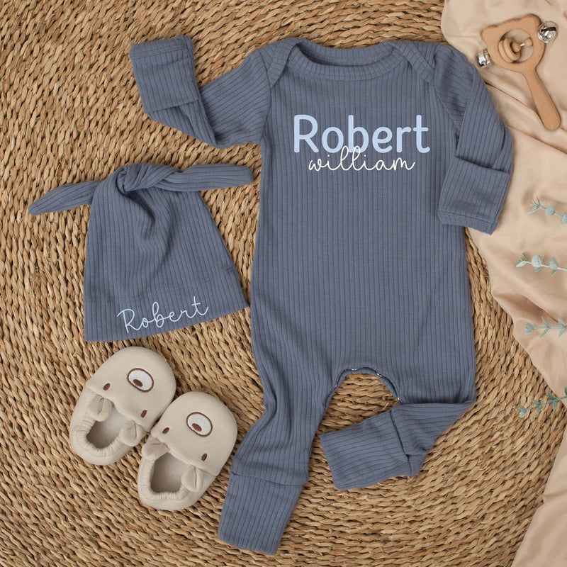 Custom Baby Name Bodysuit and Hat Set in Soft Blue Ribbed Cotton, Perfect Newborn Coming Home Outfit or Baby Shower Gift for Boys